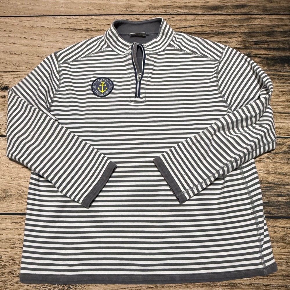 Disney Cruise Line Reversible 1/4 Zip  Pullover Mens XL Grey Striped Nautical